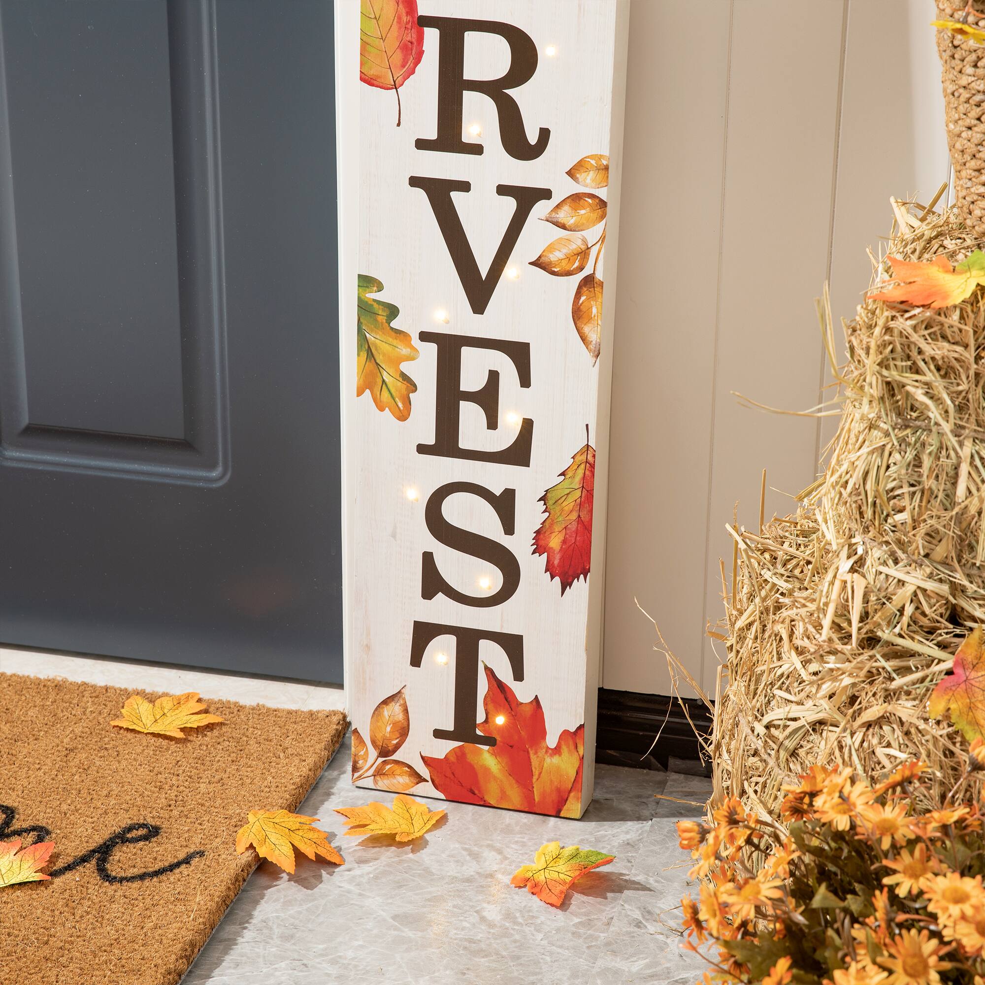 Glitzhome® 42" Fall Lighted Maple Leaves Wooden Porch Sign with Timer